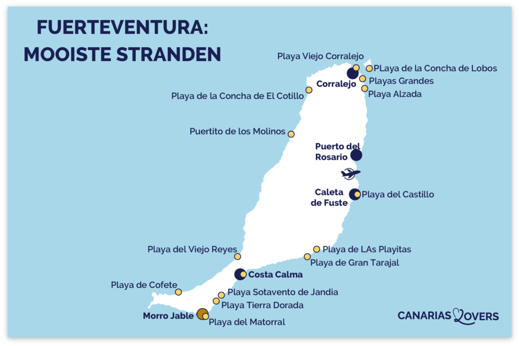 Kaart met de beste stranden van Fuerteventura