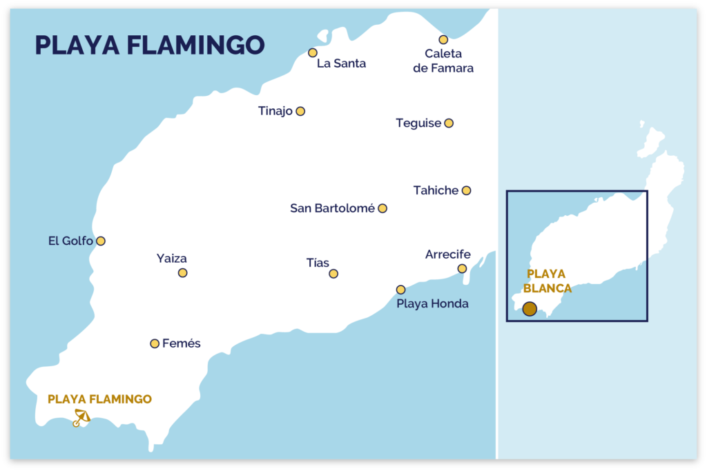 Onze plattegrond van Playa Flamingo in Playa Blanca op het eiland Lanzarote.
