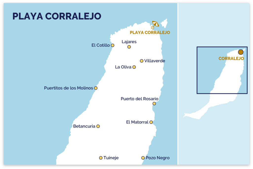 Kort over Playa Corralejo på Fuerteventura.
