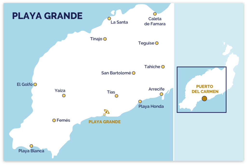Kort over Playa Grande i Puerto del Carmen på øen Lanzarote.