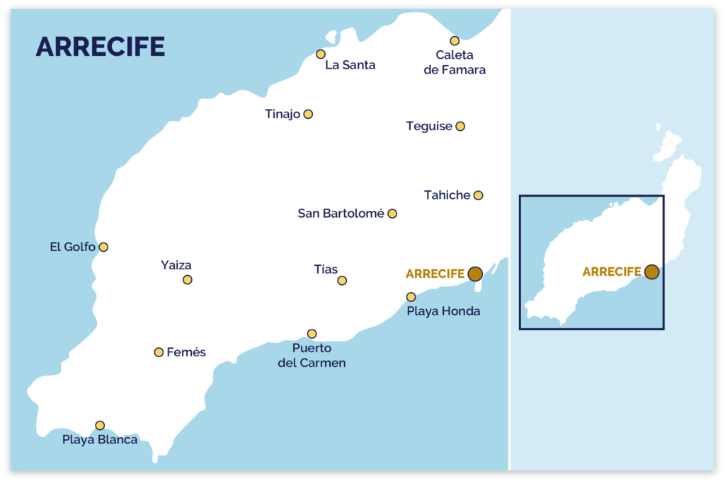 Onze kaart van Arrecife op het eiland Lanzarote.