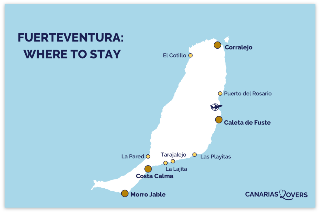 Karta var man kan bo Fuerteventura bästa städer