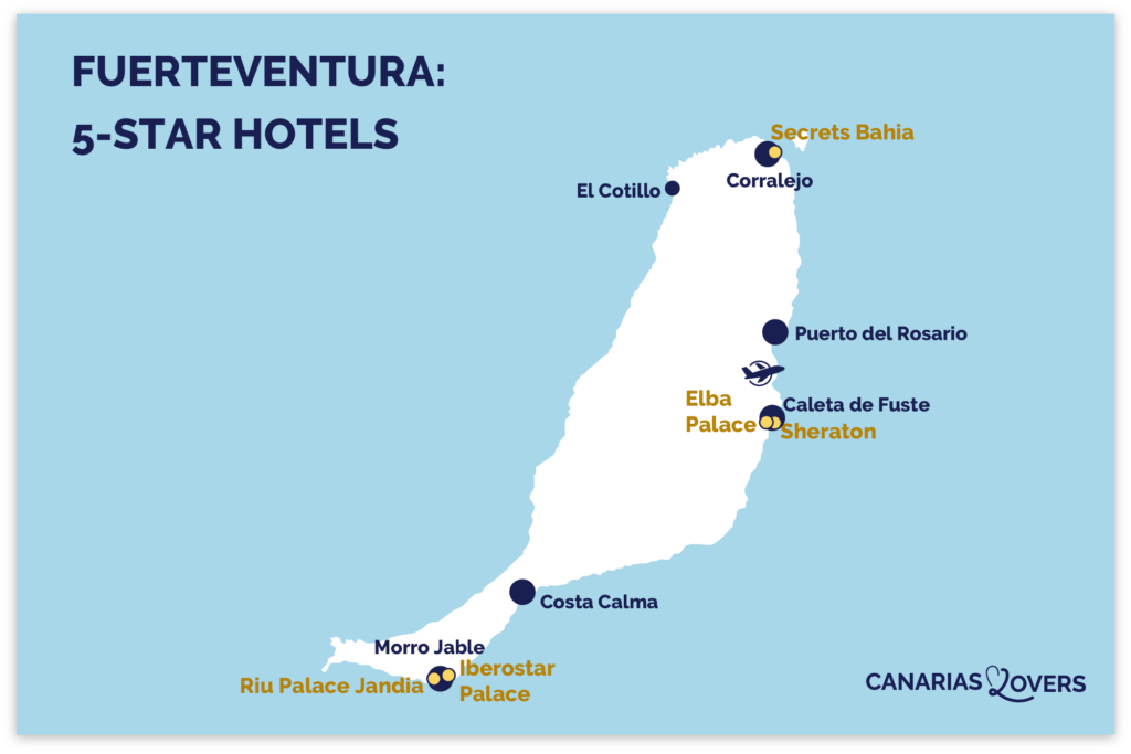 Mapa dos hotéis de luxo de 5 estrelas de Fuerteventura