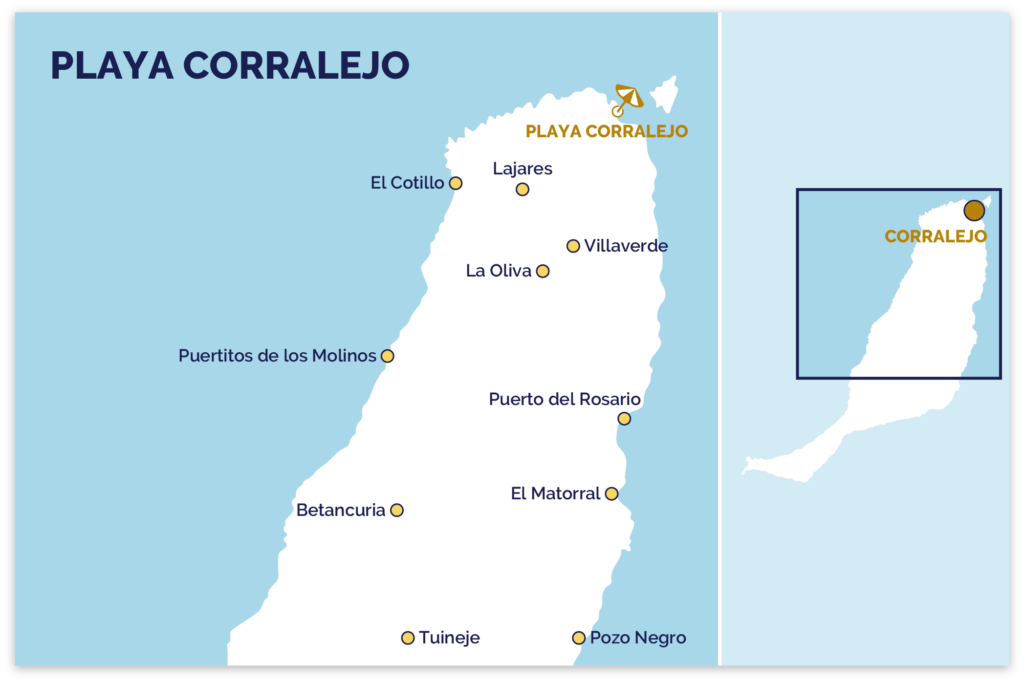 Mapa de Playa Corralejo em Fuerteventura.