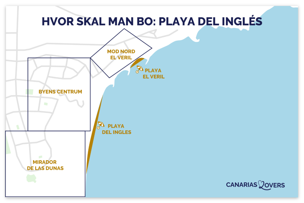 Kort over de bedste områder at bo i Playa del Inglés (Gran Canaria)